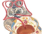 Rabbit Teacup Watercolour Original Painting, Funny Painting, Nursery Art, Kitchen Art, 11x14