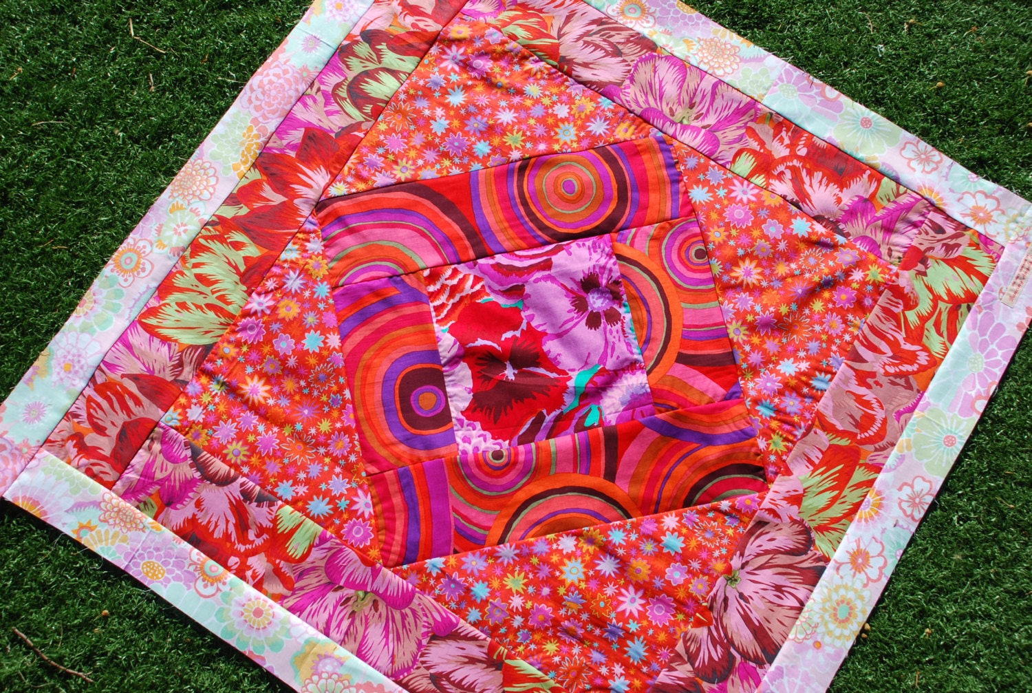 Kaffe Fassett. COUTURE Stroller/ Pram Quilt. Amazing craftsmanship and details. Minky fleece on back. QUILTED.