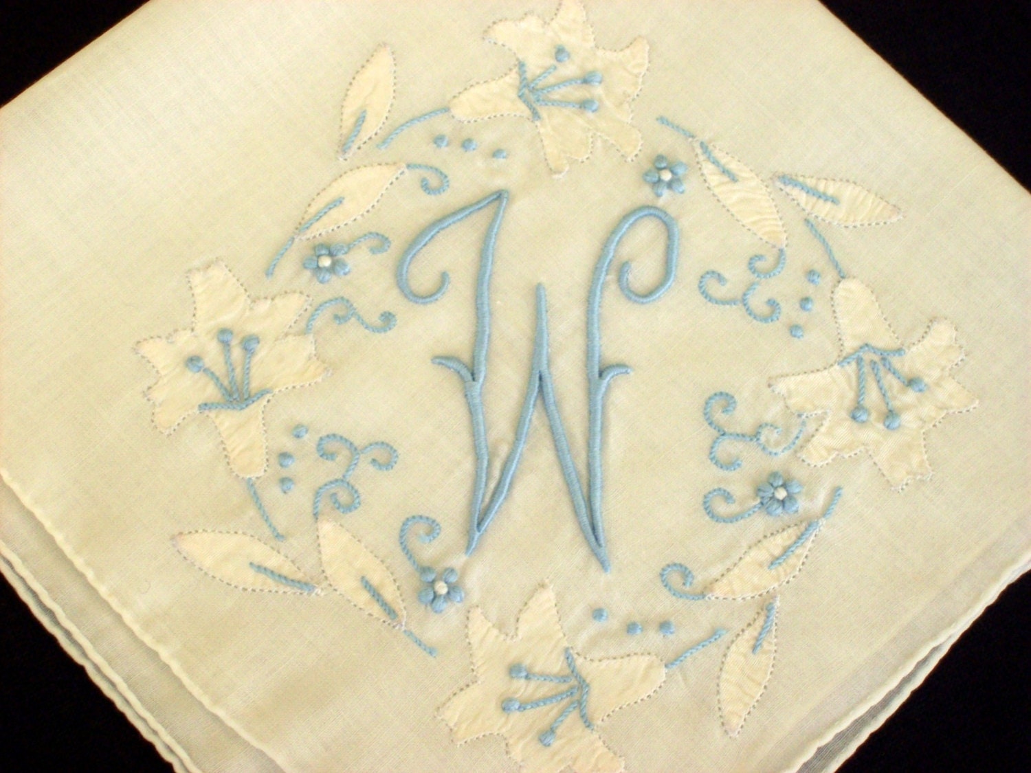 Blue Monogram W Vintage Hanky Madeira with Shadow Work