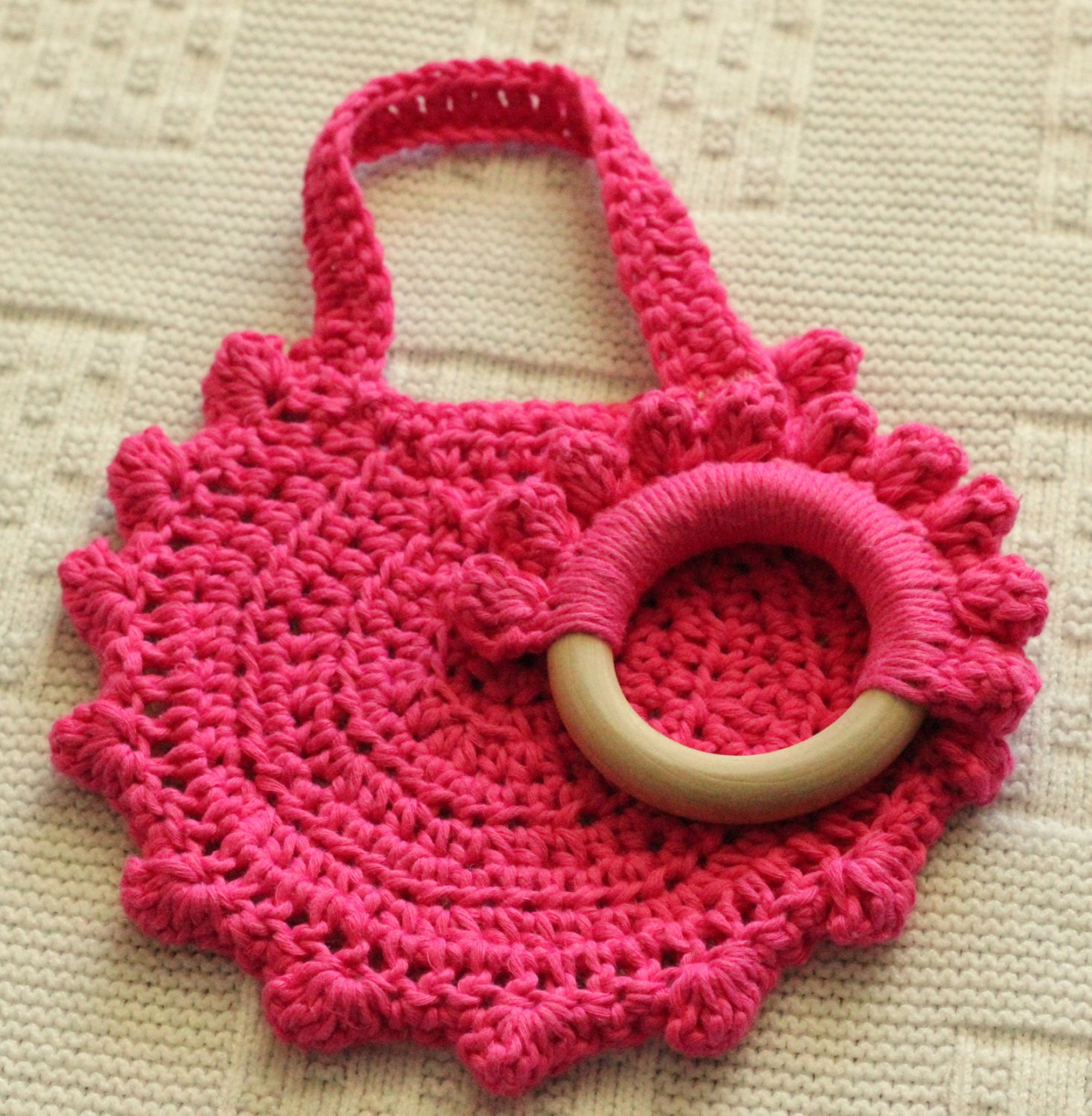 Maple Wood and Cotton Hemp Crochet natural baby Teething Ring and Bib Set Magenta