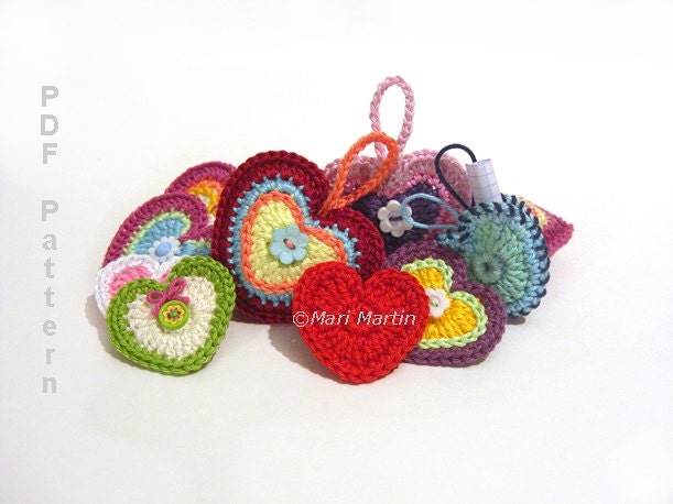 Crochet Hearts Pattern 4 Crocheted Hearts Applique Amigurumi Christmas Decor Nursery Decoration Baby Shower MariMartin Download Immediately