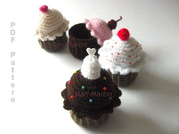 Pattern Crochet Ice Cream . Cupcake Pincushion Toys Cherry Trinket Box Kitchen Decor Nursery Decoration MariMartin Download Immediately