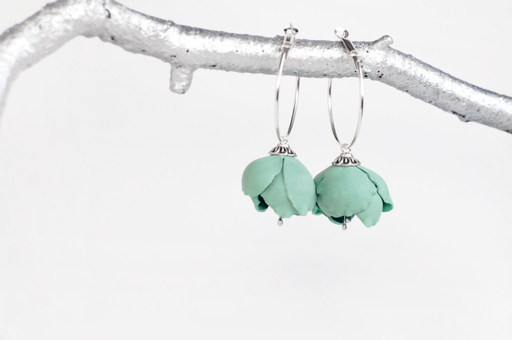 Spring flower leather earrings in mint green