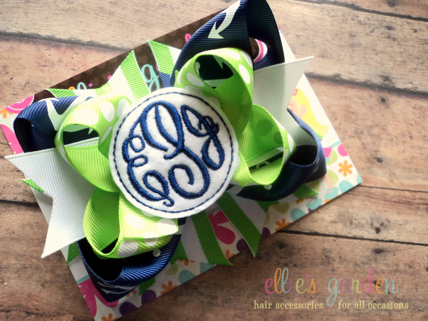 Embroidered Script Circle Three Initial Monogrammed Boutique Style Hair Bow Navy Lime Green White Anchors