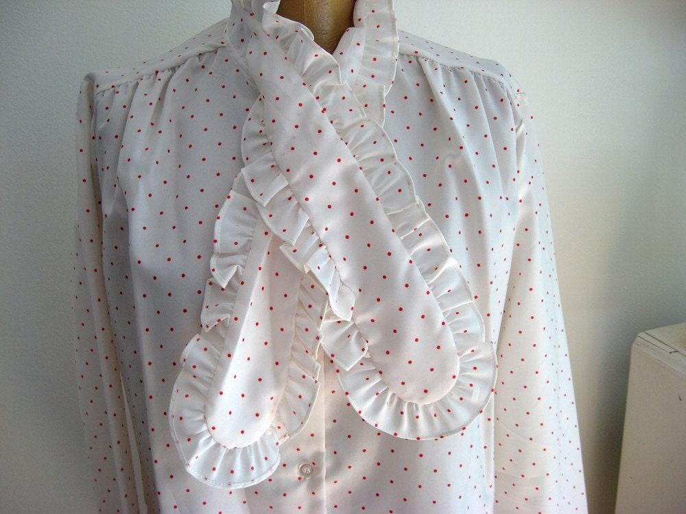 70's Secretary Blouse / Dressy Polka Dot Blouse with Jabot Tie / Ruffled Neckline and Tie / Red and White