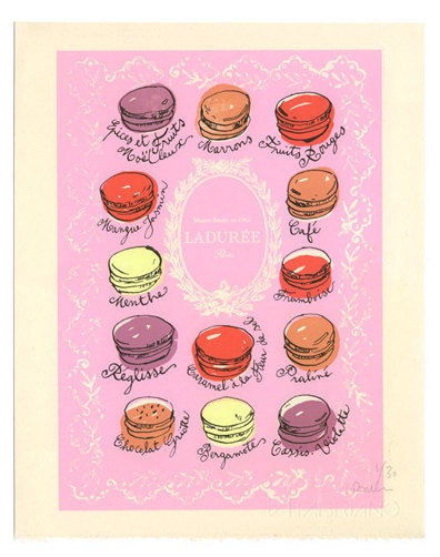 Macarons, 11X14 Screen Printed Poster, Bubble gum pink print, Limited edition Kitchen Art, Macaroon flavor chart wall Decor