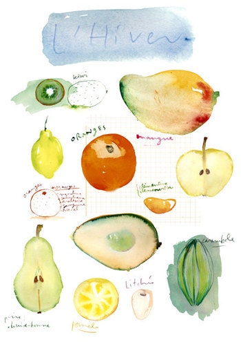 Kitchen art print, Seasonal fruit watercolor poster, Winter fruits, 11X14, Botanical plate, Wall decor illustration