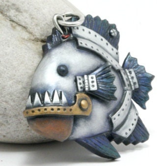 Piranha Pendant Steampunk Fish Faux Metal Teeth Hinged Jaw Fins