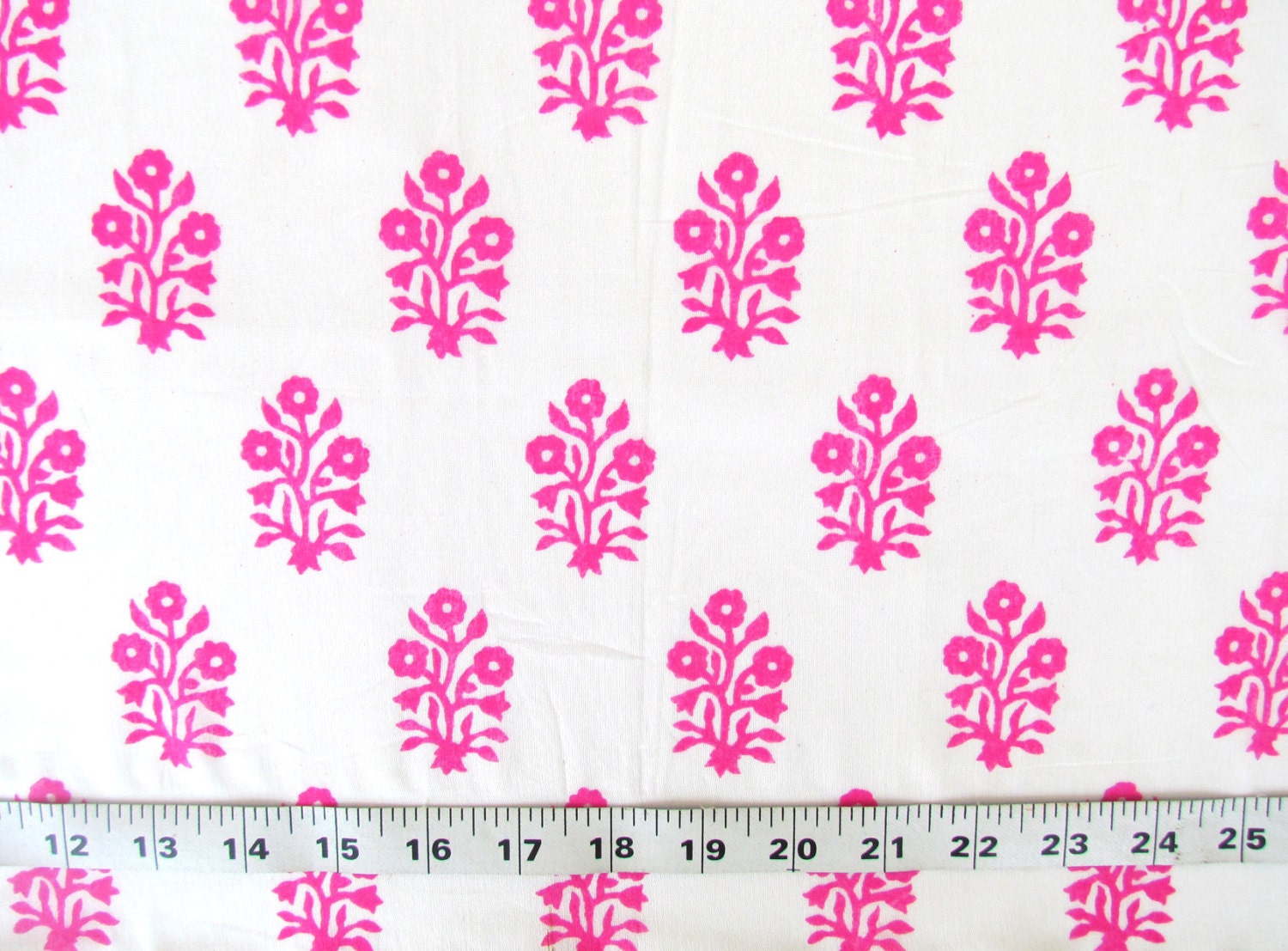 chanderi fabric - neon magenta floral print on off white - 1 yard