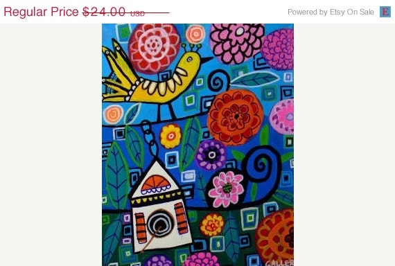 50 OFF SALE - NURSERY Wall Art Print Poster of Bird House Tree Flowers Garden Blue - Wedding Gifts