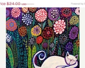 50%  OFF SALE - 11x14 Cat Art - WHITE Cat Art Print Poster Art of Painting Flower Garden