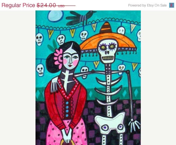 50% OFF SALE - 11x14 Mexican Folk Art - Frida Kahlo , Day of the Dead, Painting Poster Print - Skeleton Sugar Skull