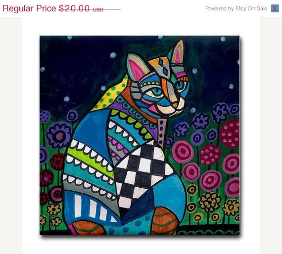 50%  OFF SALE - Cat Gifts - Ceramic Tile Coasters -Cat Folk Art Print on Ceramic Tile Folk Art Colorful Unique Gift  Harlequin - Wedding Gi