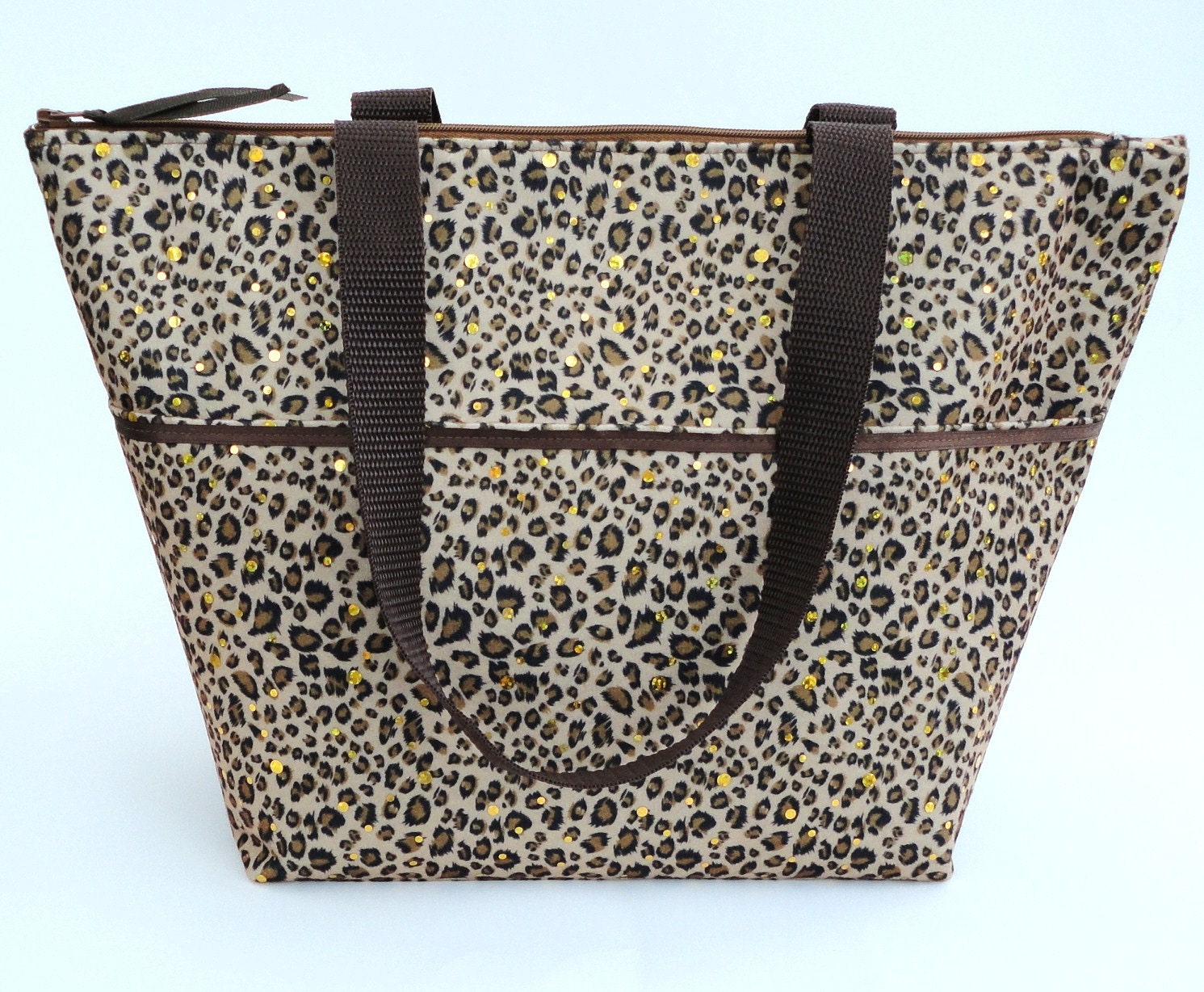 Lunch Bag Tote Insulated Large in Leopard Print and long handles
