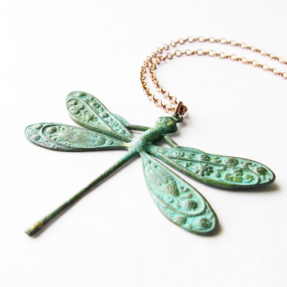 Green Dragonfly Necklace, Aged Patina Pendant, Antiqued Copper Chain - Dragonfly Jewelry, Insect Jewelry, Summer Jewelry - SimpleSquirrel