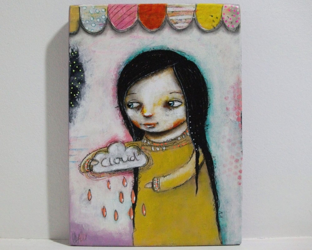 folk art painting whimsical painting original girl painting Mixed media painting on wood - Beauty surrounds you
