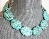 TURQUOISE Necklace stone blue white silver christmas western metal boho teal birthday for her big large beaded beadwork stone oval strand