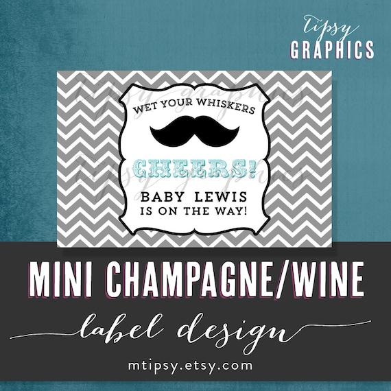 Wet your Whiskers. Personalized Chevron Mustache Bash Mini Champagne Bottle Labels. Printable DIY Wine Labels, any text and colors Il_570xn