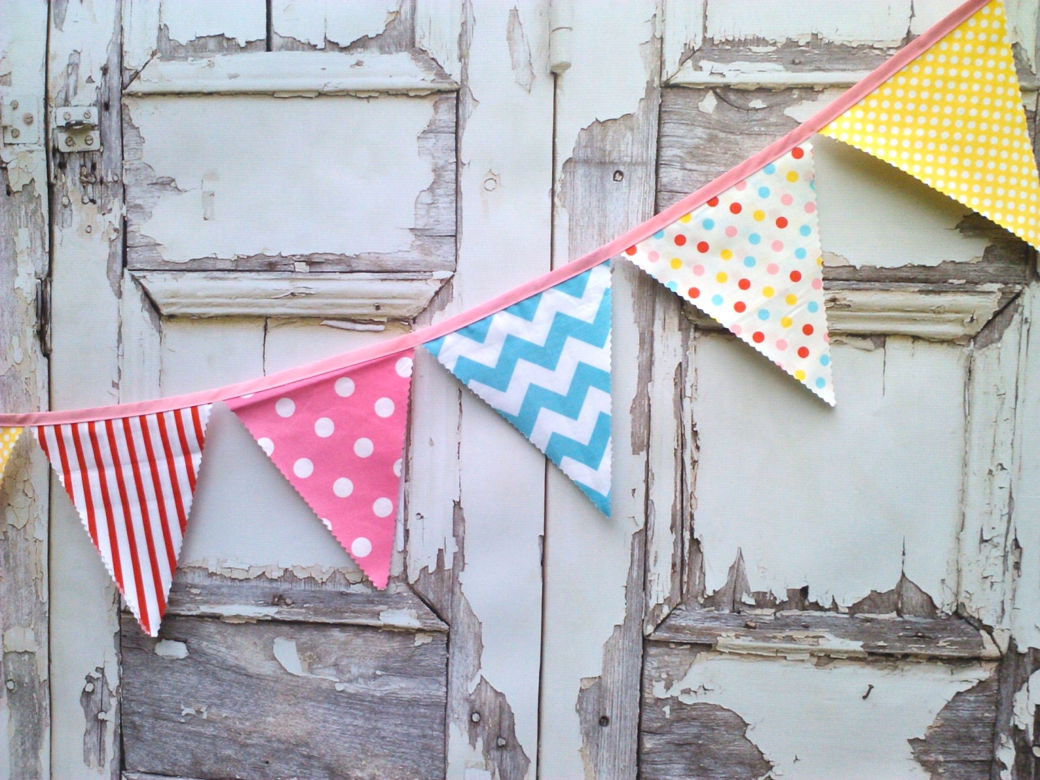 Fabric Bunting Flags Pink, Red, Aqua, Yellow Carnival Pennants with Chevron, Dots and Stripes Il_170x135