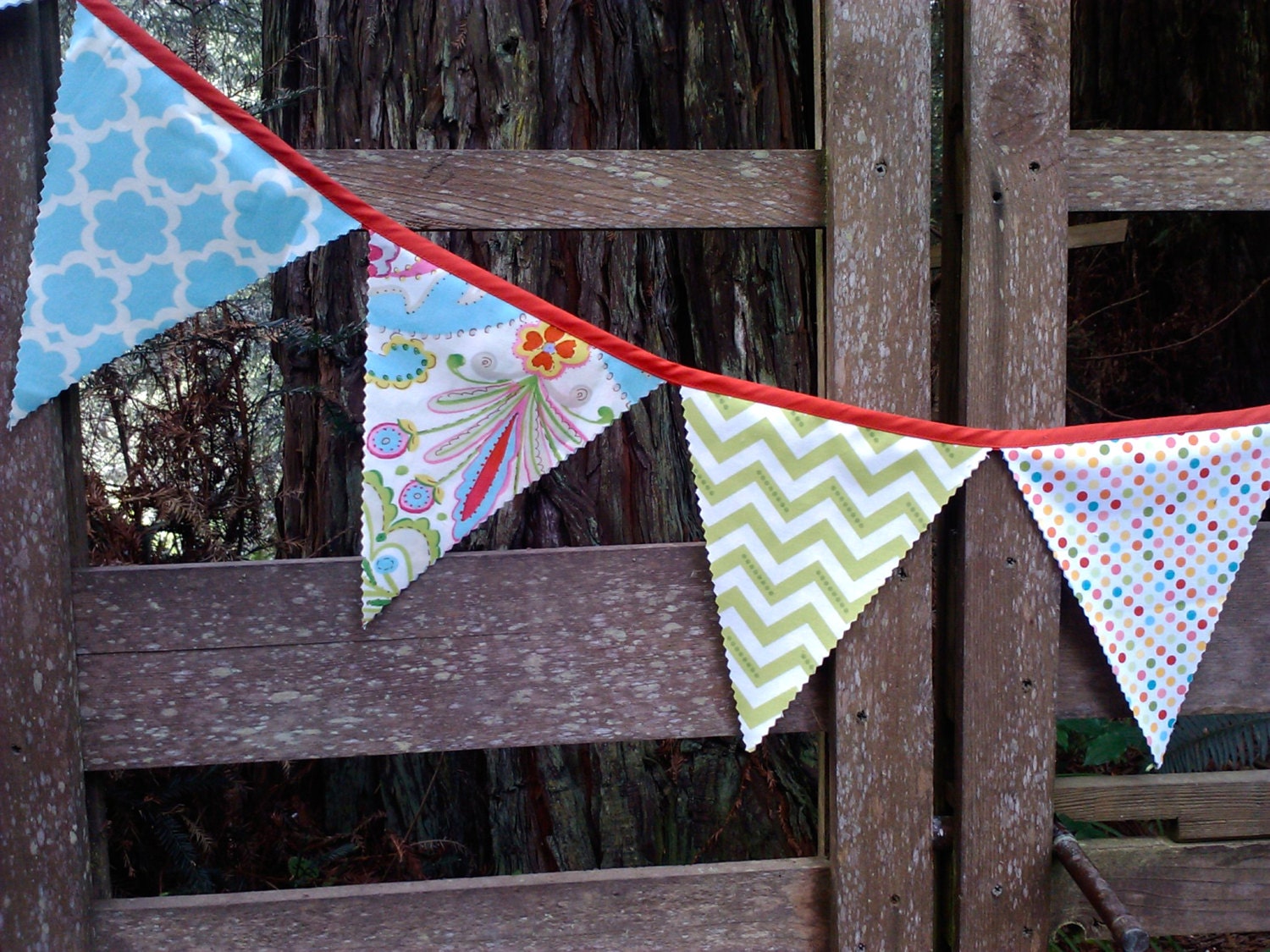 Fabric Bunting Flags Bamboo Green Chevron, Aqua Geometric, Modern Lotus Design, and Colorful Dots