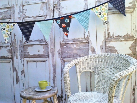 Fabric Bunting Pennant Flags - Slate Blue Grey, Navy, Aqua and a Hint of Red Il_570xn