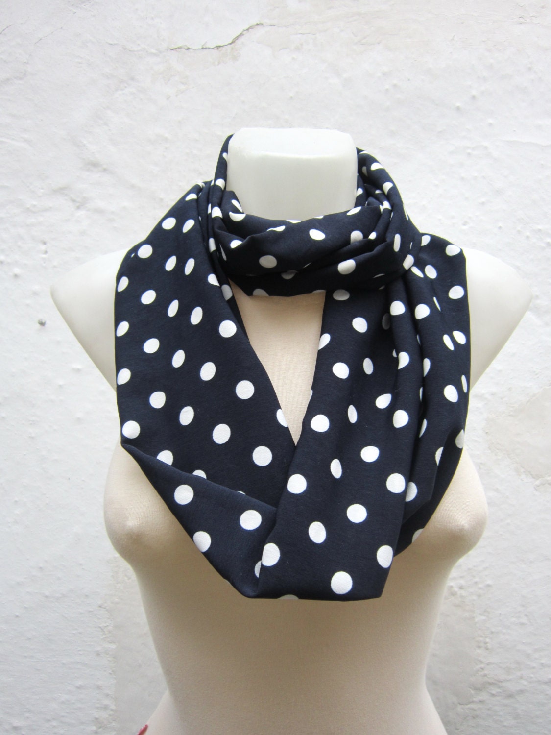 infinity scarf Loop scarf Neckwarmer Necklace scarf Fabric scarf  Dark blue White polka dot
