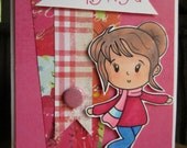 Congratulations Greeting Card Handmade Twirling Girl Pink Hand Colored Copic Marker