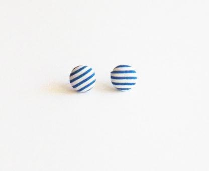 Dockside - upcycled vintage 90s womens blouse - Repurposed Covered Button Earrings - nautical earrings - blue and white - stripes - sailor