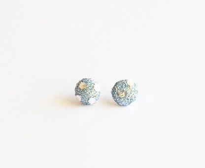 Flash Dance - vintage fabric - Covered Button Earrings - blue polka dots - sequin - glitter earrings