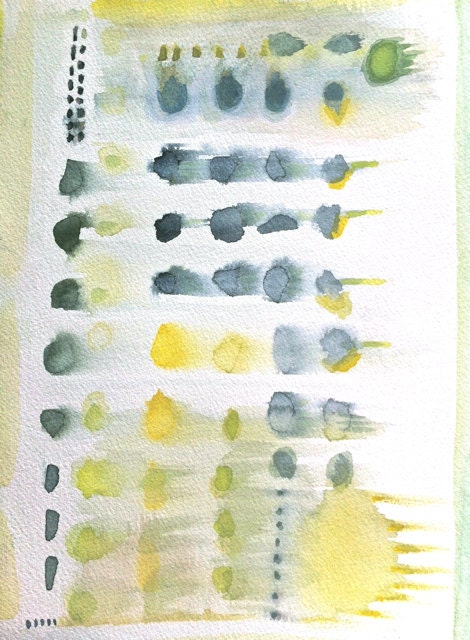 Color Study 7- Abstract Watercolor on Archival Paper- Lemon-Lime-Denim Blue- Green-Gray- Green- White Archival Paper-Modern- Organic