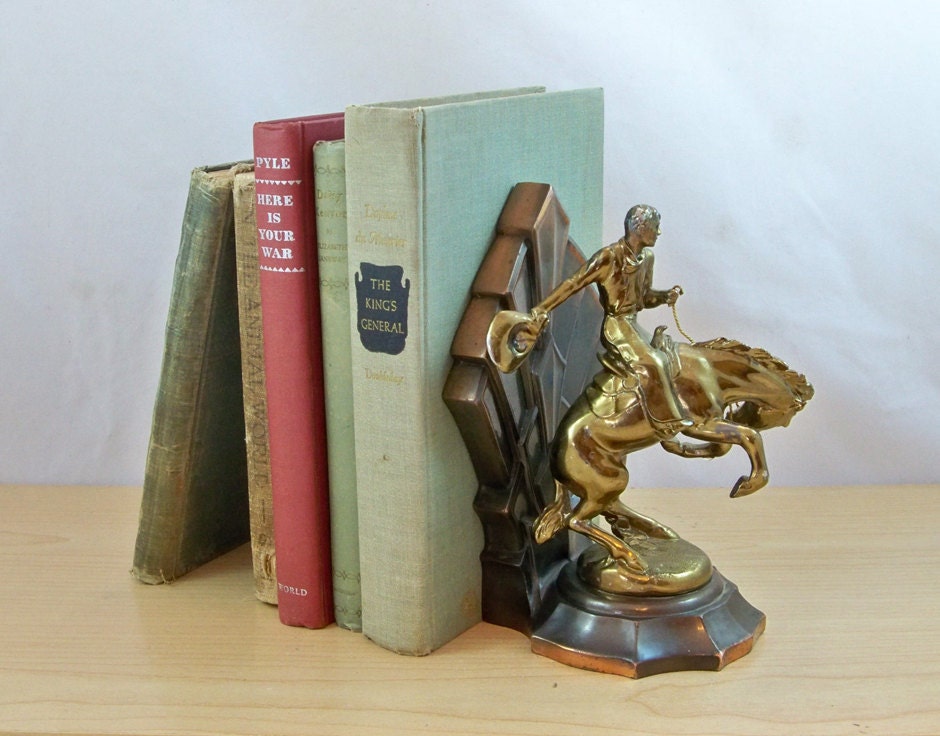Copper & Gold-Plated Cowboy on Bucking Horse Bookend - Figurine "Art Deco Style"