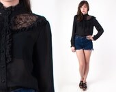 Sheer Black Lace Blouse Edwardian Victorian High Collar Goth Gypsy Small Medium