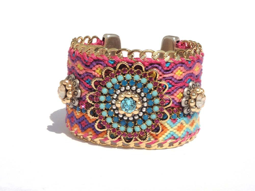 Ibiza chic friendship bracelet hippie cuff with gold plated curb chain and Swarovski - statement jewelry - boho chic bohemian jewelry