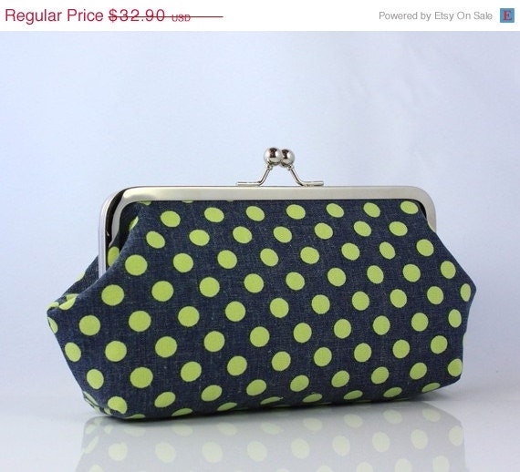 ON SALE Sample Sale- Polka Dots (Green on Navy) - 8 inch Large Silver Frame Clutch