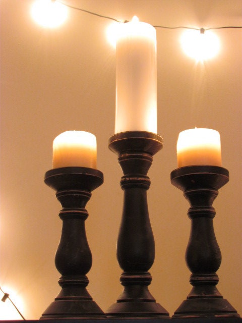 SET OF 10 Ten BLACK Wooden Candleholder Wood Candle Stick Pillar Distressed Wood Stand Vintage Style Shabby Wedding Rustic 13"