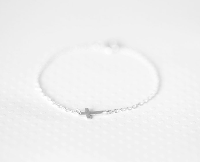 Little Sideways Cross Sterling Silver Chain Bracelet - Delicate Dainty Everyday Jewelry