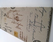 French Bulletin Board, Paris script office memo board, words and symbols using high grade upholstery fabric