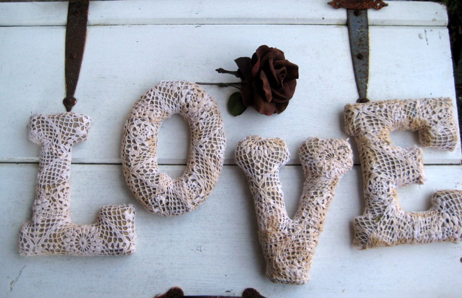 Burlap and Lace Upholstered LOVE Letters, Tea Stained and Decoupaged letters Burlap, Lace, set of 4