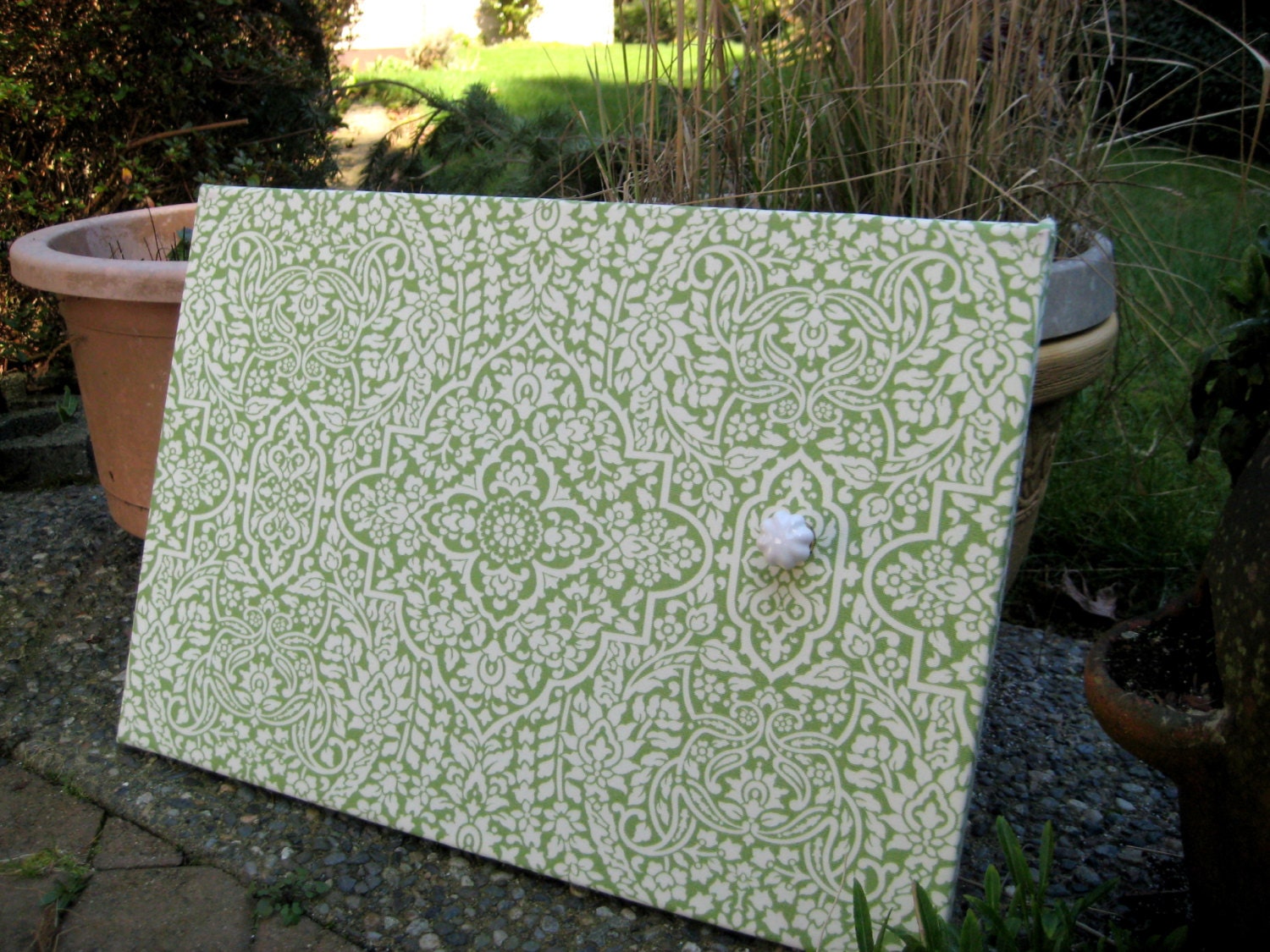 Magnet Board, green and white damask, french memo board, heavy duty metal, 16 x 23 inches