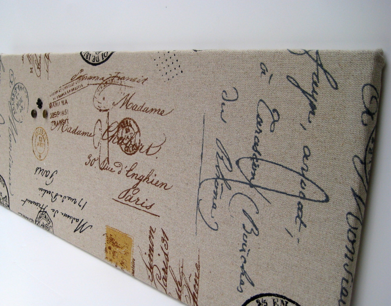 French Bulletin Board, Paris script office memo board, words and symbols using high grade upholstery fabric