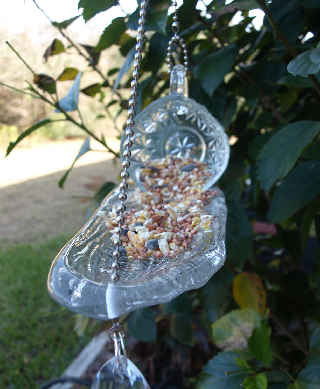 Vintage Punch Cup Hanging Bird Feeder Glass repurposed Corn on the Cob