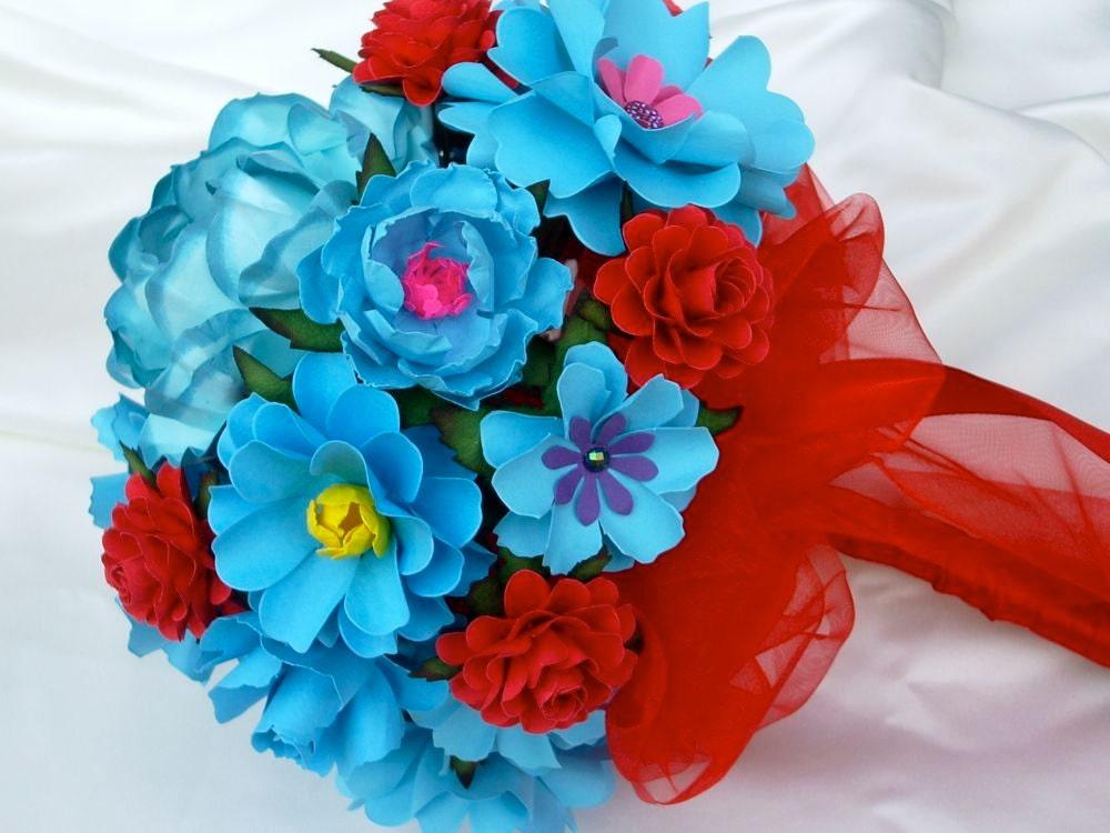 Wedding Paper Bouquet - Turquoise and Red - Customize your Style and Colors - Made To Order