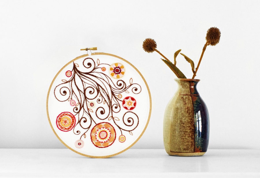 Embroidered Flower Garden in Brown and Warm Colors Orange, Red, Mustard Yellow, 7 inch Hand Embroidery Hoop Wall Art by SometimesISwirl