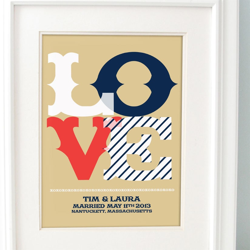 Nautical Wedding, LOVE Personalized wedding gift, Wedding Shower Gift, your names and wedding date - Navy Red or custom colors