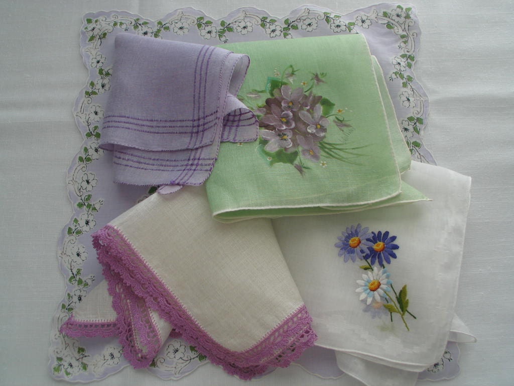 FIVE VINTAGE HANKIES, Lavender - Purple And Mint Green, Florals, Crochet, Gorgeous.