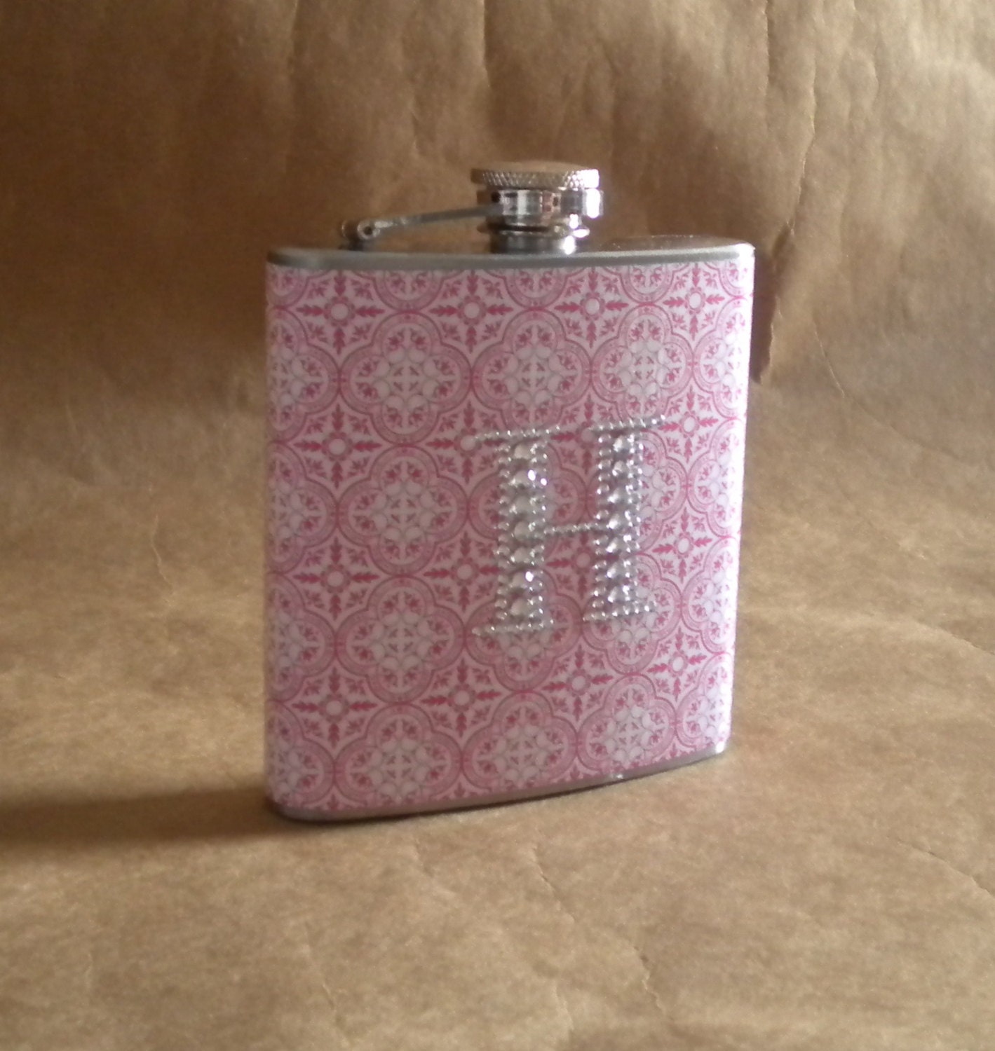 Fuschia and White Small Medallions Print with ANY Rhinestone Initial 6 ounce Stainless Steel Girl Gift Flask KR2D 6453