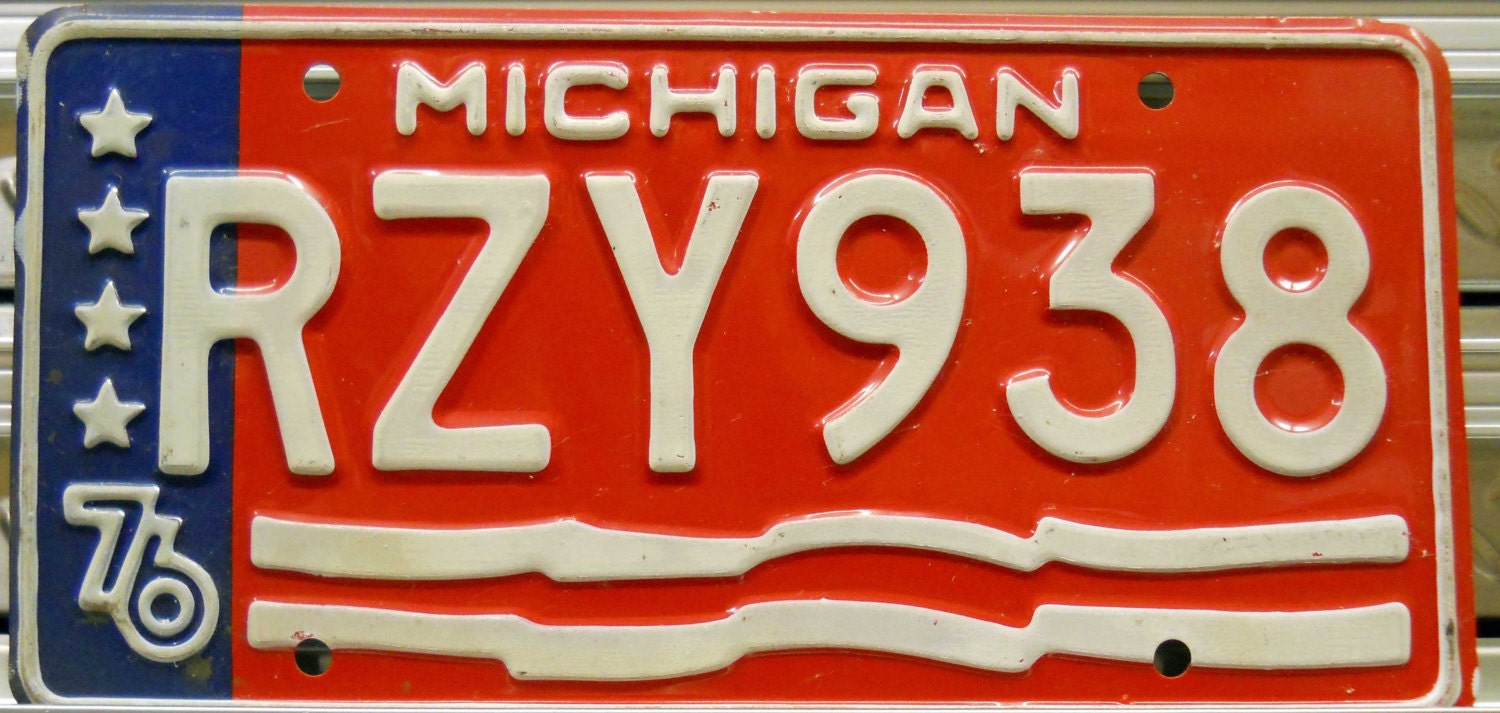 1976 Michigan Bicentennial License Plate Tag Red White and Blue