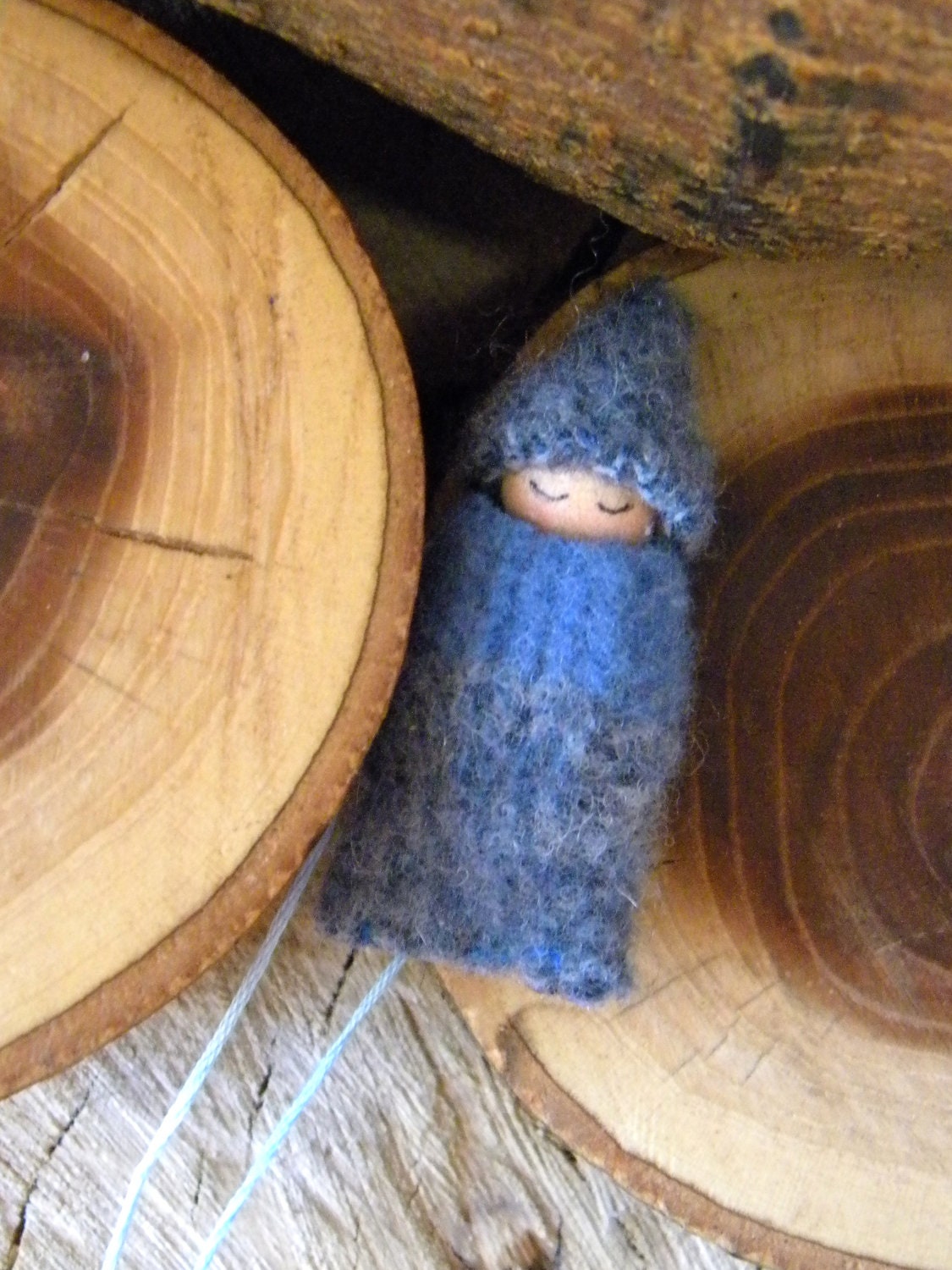 Waldorf Gnome Baby Necklace, Waldorf Baby, Wearable Doll, Winter, blue, gray, Upcycled wool felt