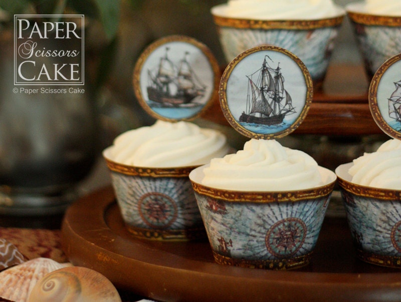 Pirate Ships -Printable Cupcake Topper And Wrapper Set- Simply Print, Cut, Assemble, Enjoy