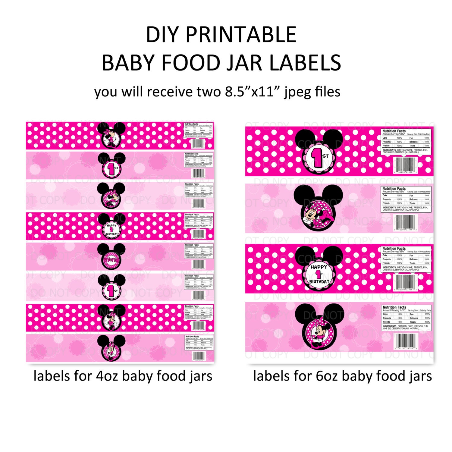 Printable DIY Mouse First Birthday Theme Baby Food Jar Labels - 4 oz and 6 oz